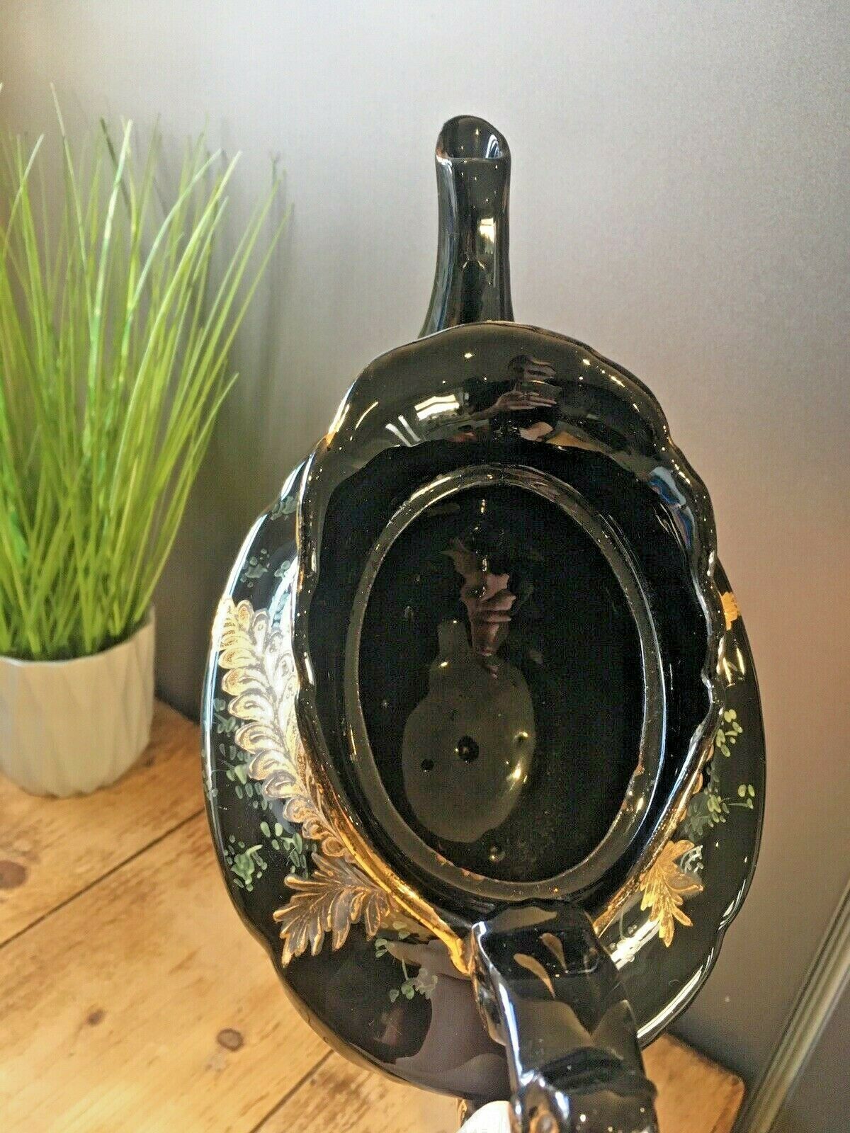 photo for sale Antique Jackfield Black Gold Gilt Leaves Teapot & Trivet Stand Gibsons Jetware