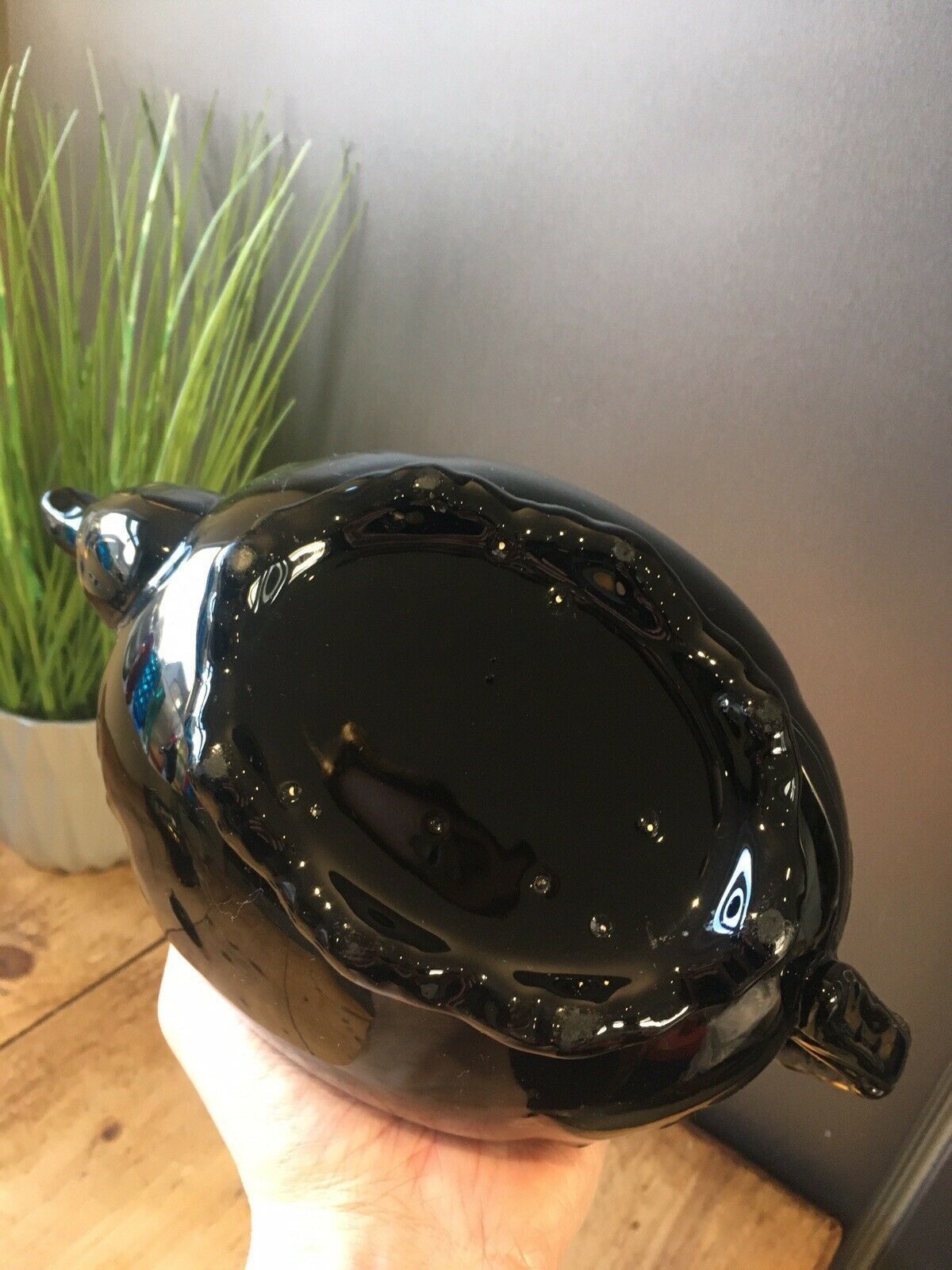 Home Decor Antique Jackfield Black Gold Gilt Leaves Teapot & Trivet Stand Gibsons Jetware photo