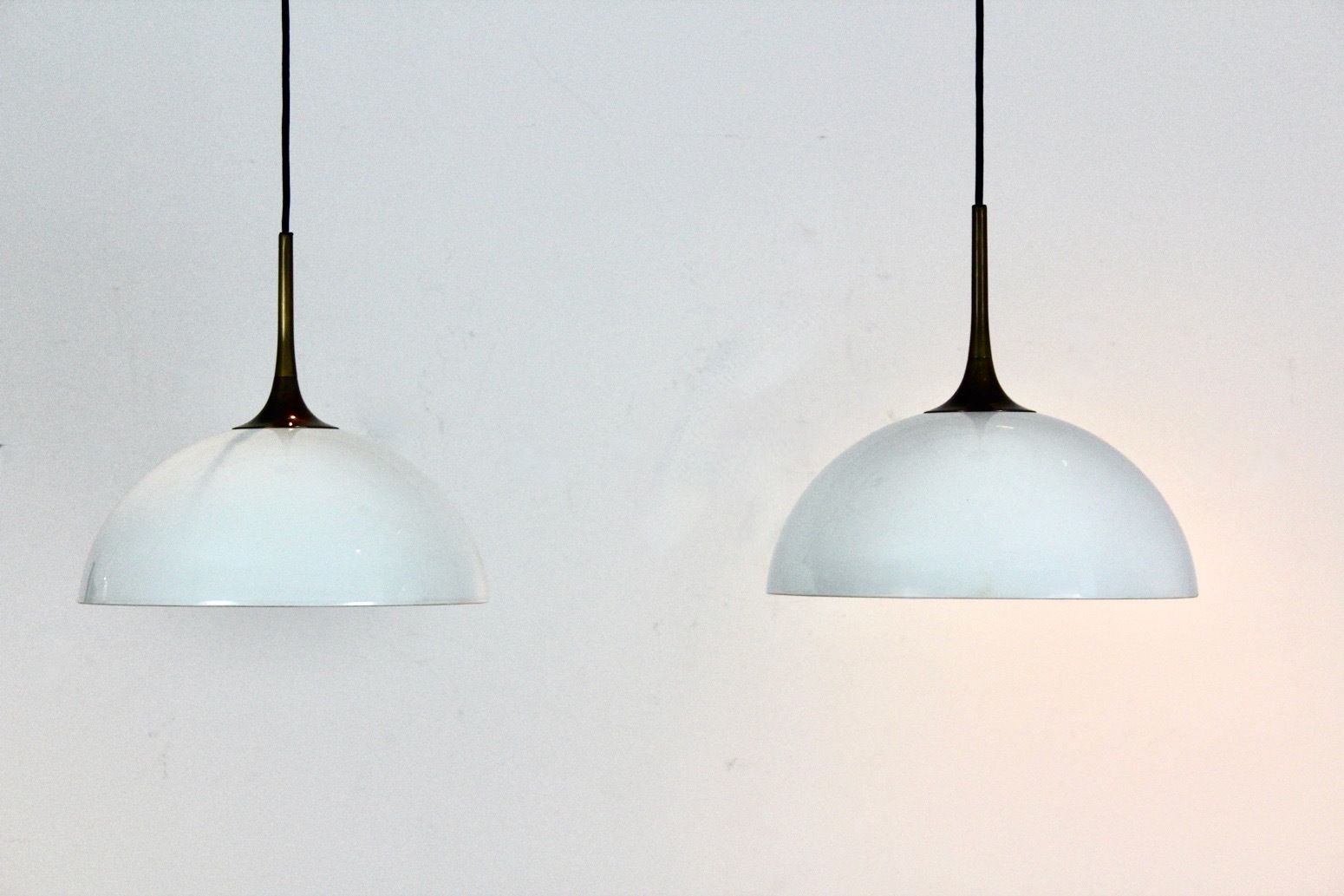 Pair Of Brass And White Opal Glass Pendant Lights By Florian Schulz photo Lighting