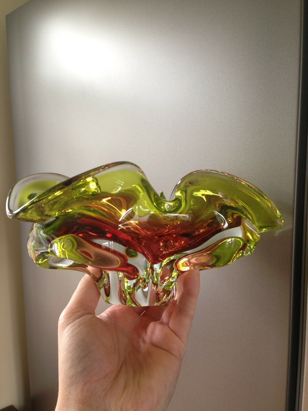 Large Heavy Green & Brown Czech Chribska Freeform Art Glass Bowl Josef Hospodka photo furniture