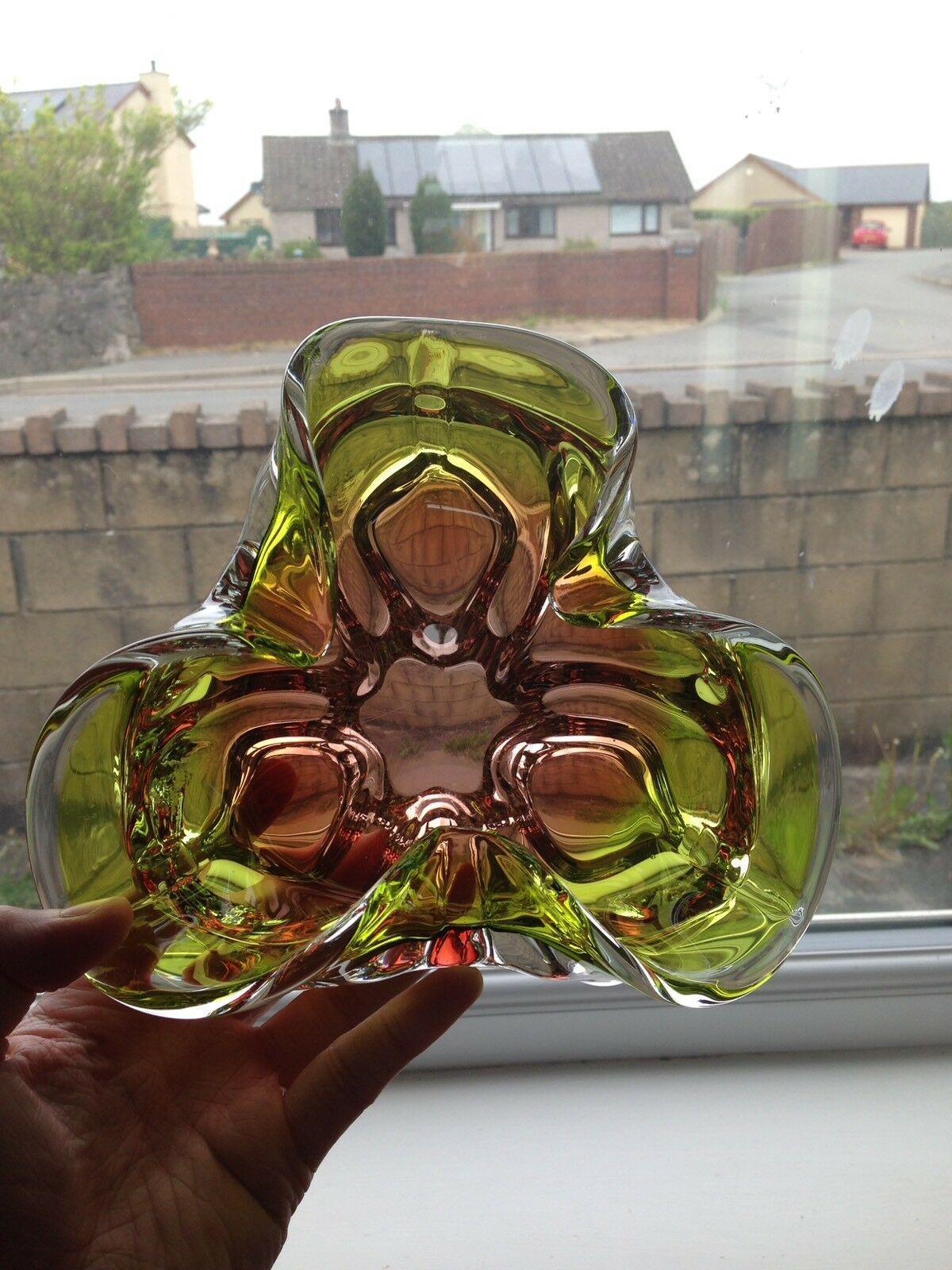 Large Heavy Green & Brown Czech Chribska Freeform Art Glass Bowl Josef Hospodka photo 50.0