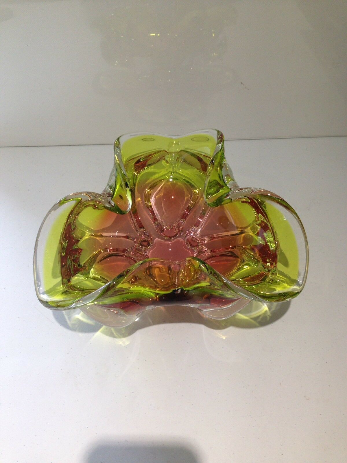 photo for sale Large Heavy Green & Brown Czech Chribska Freeform Art Glass Bowl Josef Hospodka