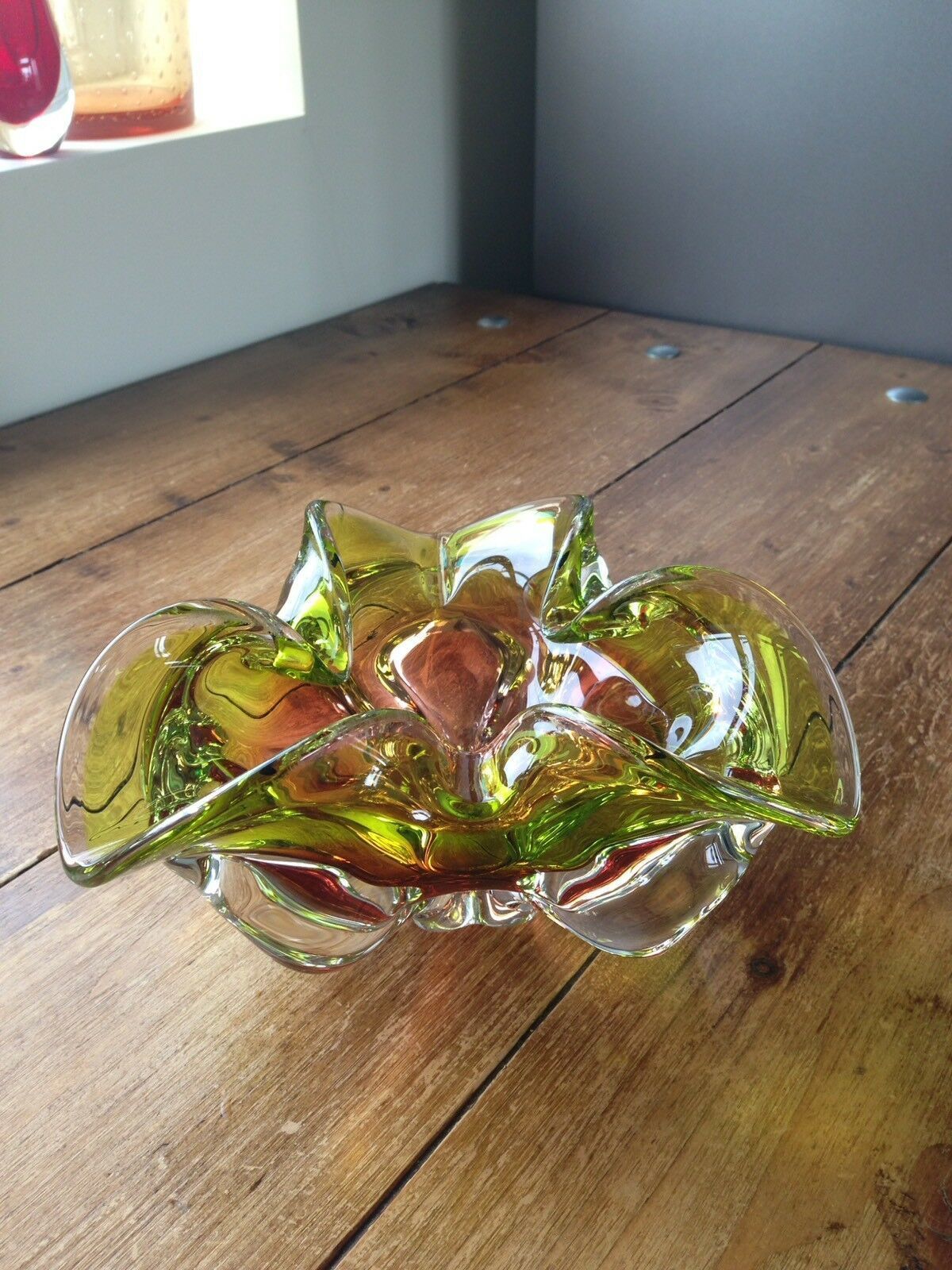 Home Decor Large Heavy Green & Brown Czech Chribska Freeform Art Glass Bowl Josef Hospodka photo