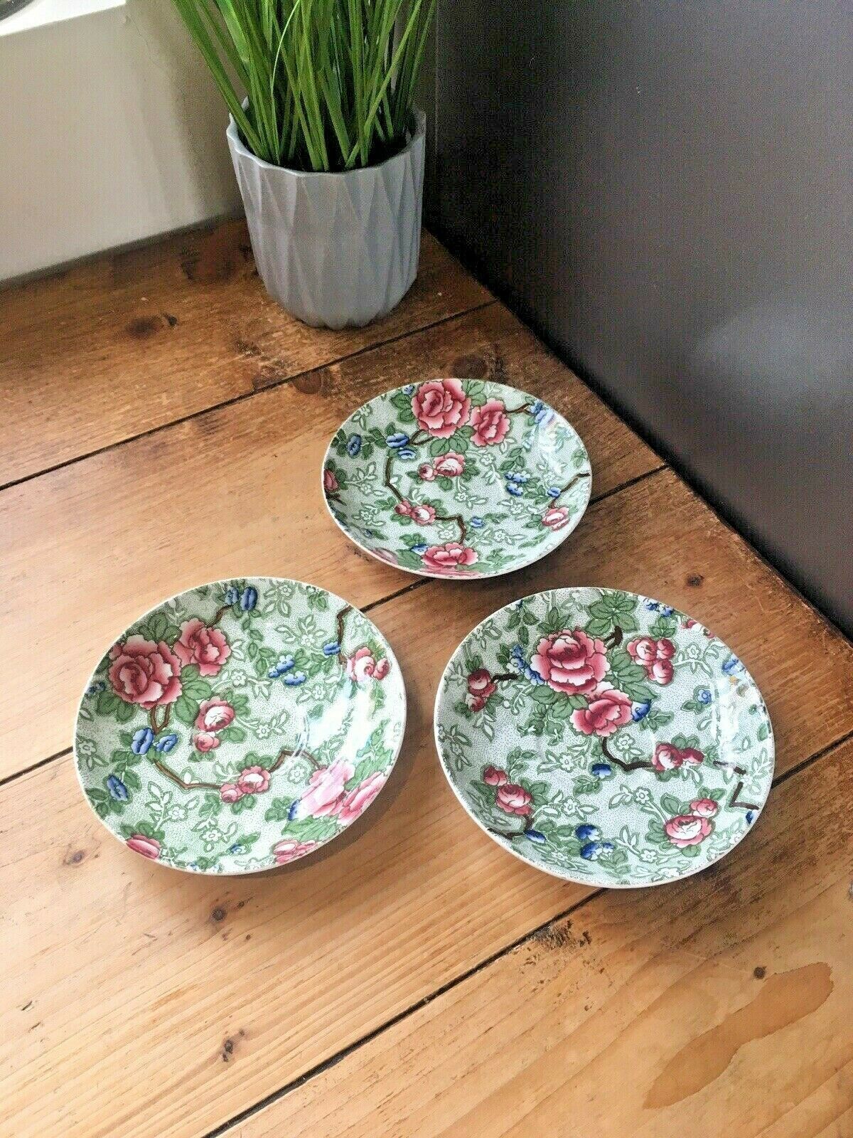 3 Vintage B & L Leighton Pottery Chinese Rose Trios Tea Cups Saucers & Side Plates photo vintage