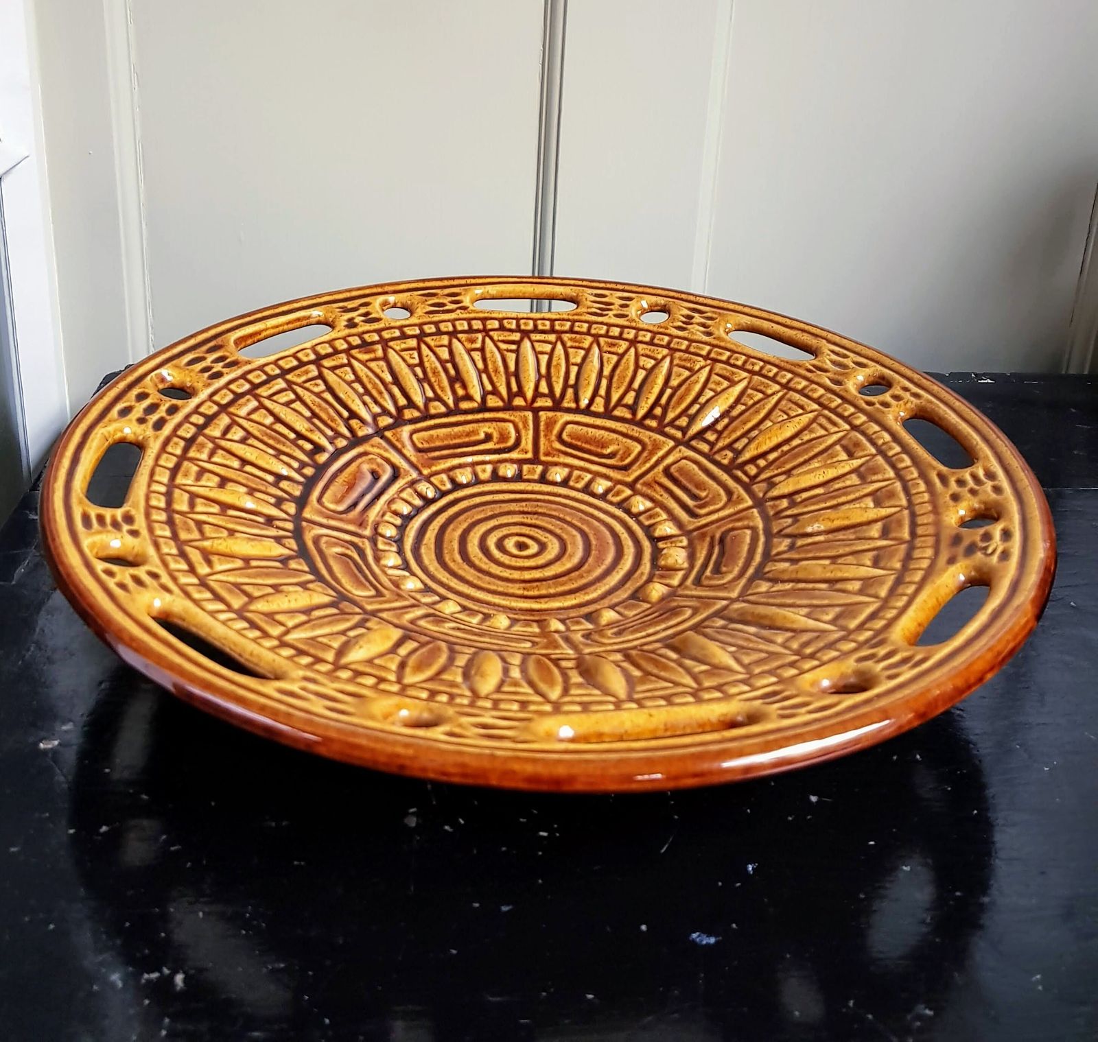 Large Mid Century Modern French Ceramic Sunflower Plate   1950s 1960s   Grottes De Dieulefit photo for sale