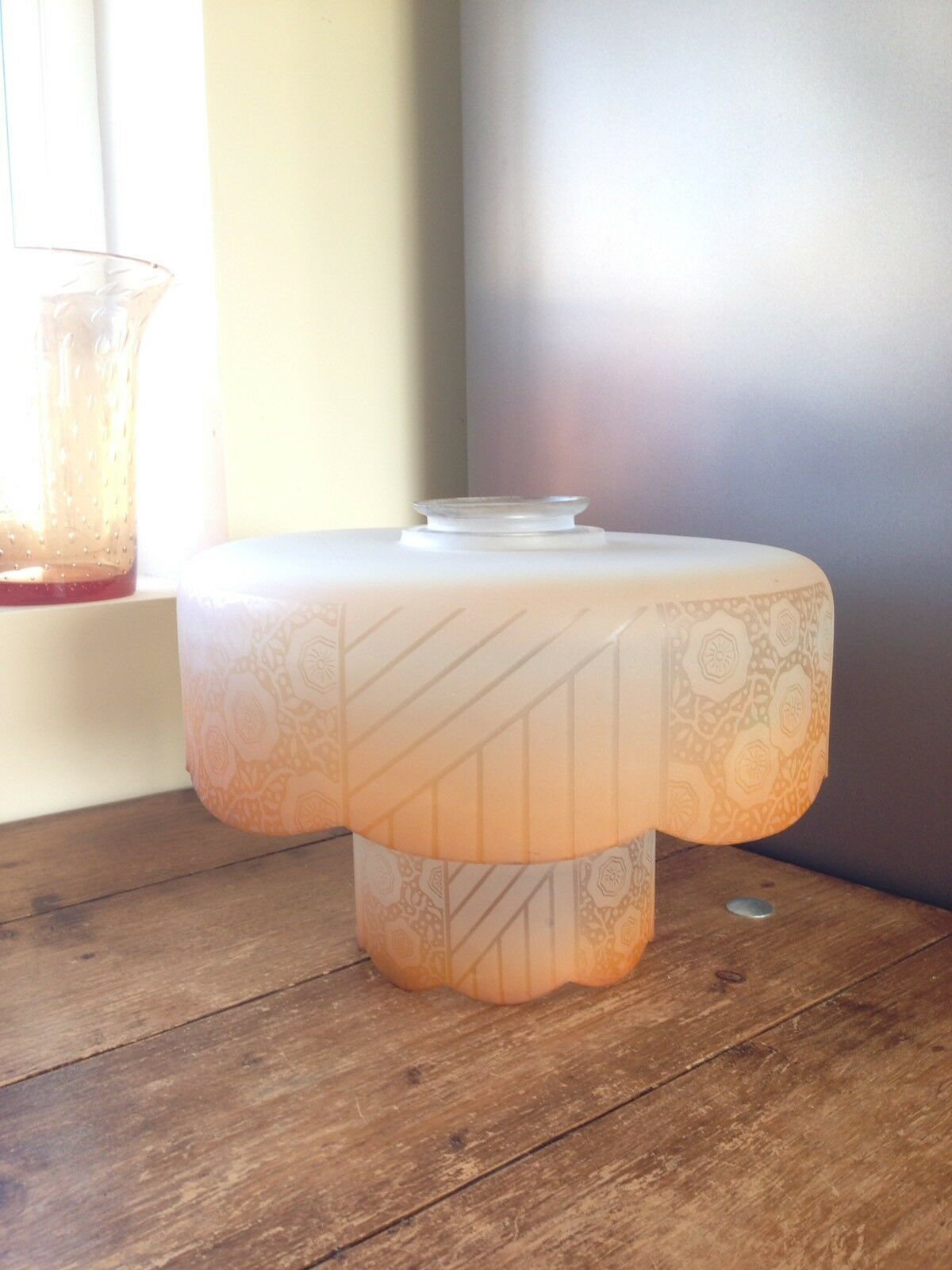 2 Piece Art Deco Orange Frosted Floral Flower Power Glass Ceiling Light Shade photo Lighting
