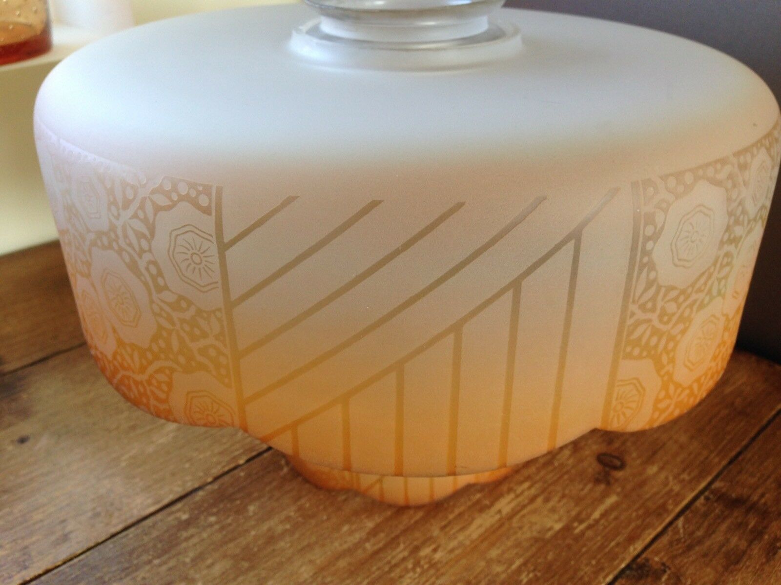 2 Piece Art Deco Orange Frosted Floral Flower Power Glass Ceiling Light Shade photo vintage