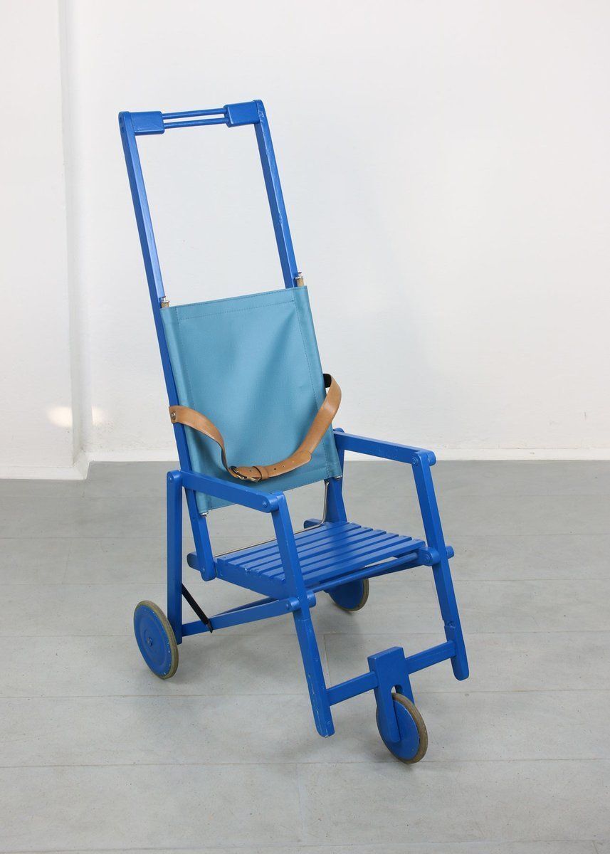 Mid Century Blue Wooden Foldable Stroller, 1960s