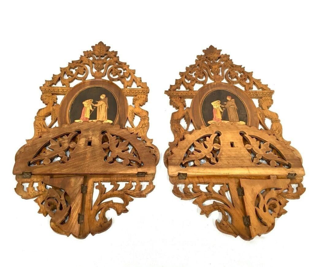 Antique Pair Of Italian Sorrento Ware Olive Wood Fretwork Shelves / Shelf C.1900 photo for sale