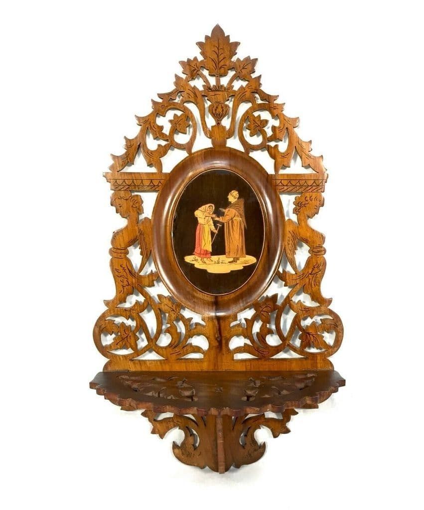 Antique Pair Of Italian Sorrento Ware Olive Wood Fretwork Shelves / Shelf C.1900 photo 425.0