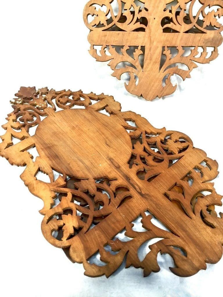 photo furniture Antique Pair Of Italian Sorrento Ware Olive Wood Fretwork Shelves / Shelf C.1900