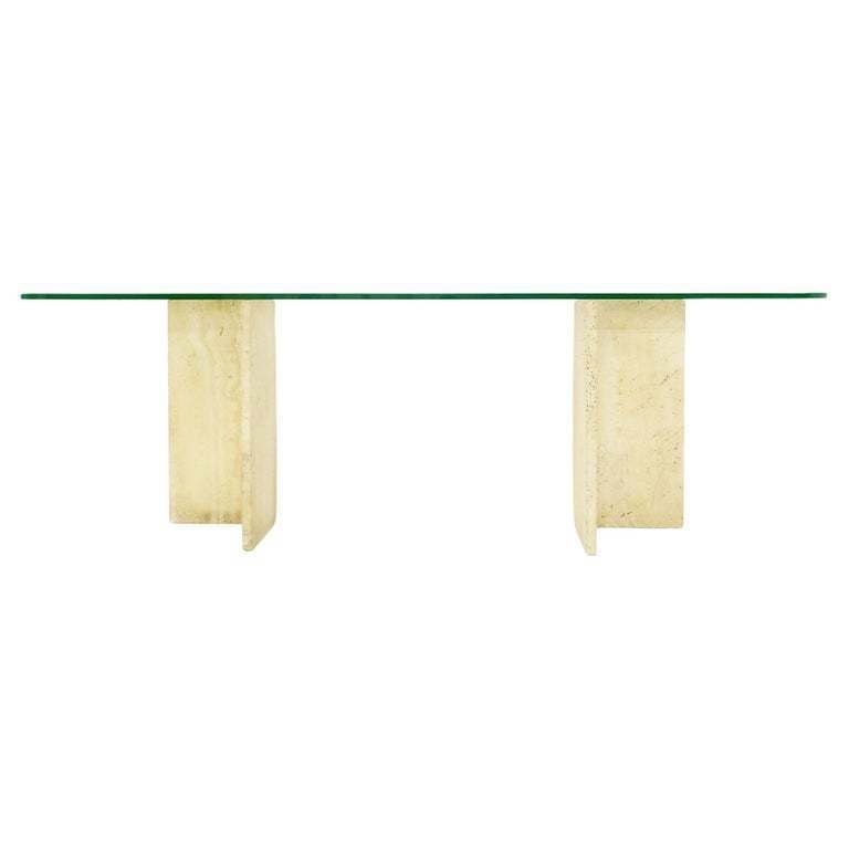 1970's Large Italian Travertine And Glass Console Table