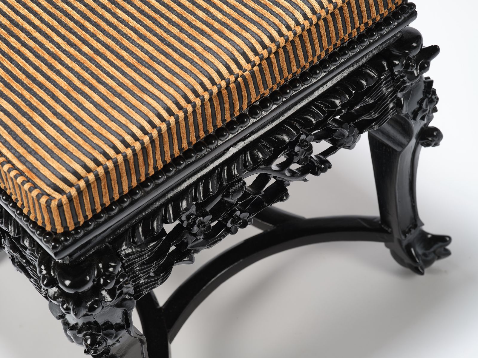 Gorgeous 'Ebonised' Intricately Carved Asian Lions Head Table With Seat Pad. Circa 1970. photo for sale