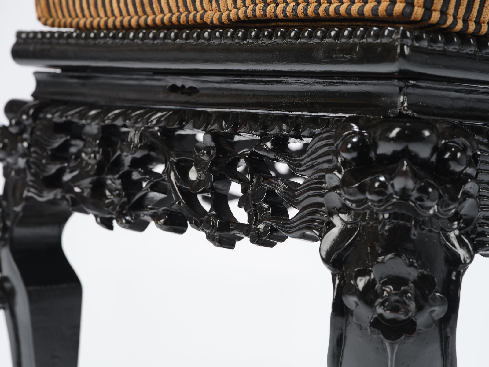 Gorgeous 'Ebonised' Intricately Carved Asian Lions Head Table With Seat Pad. Circa 1970. photo Furniture