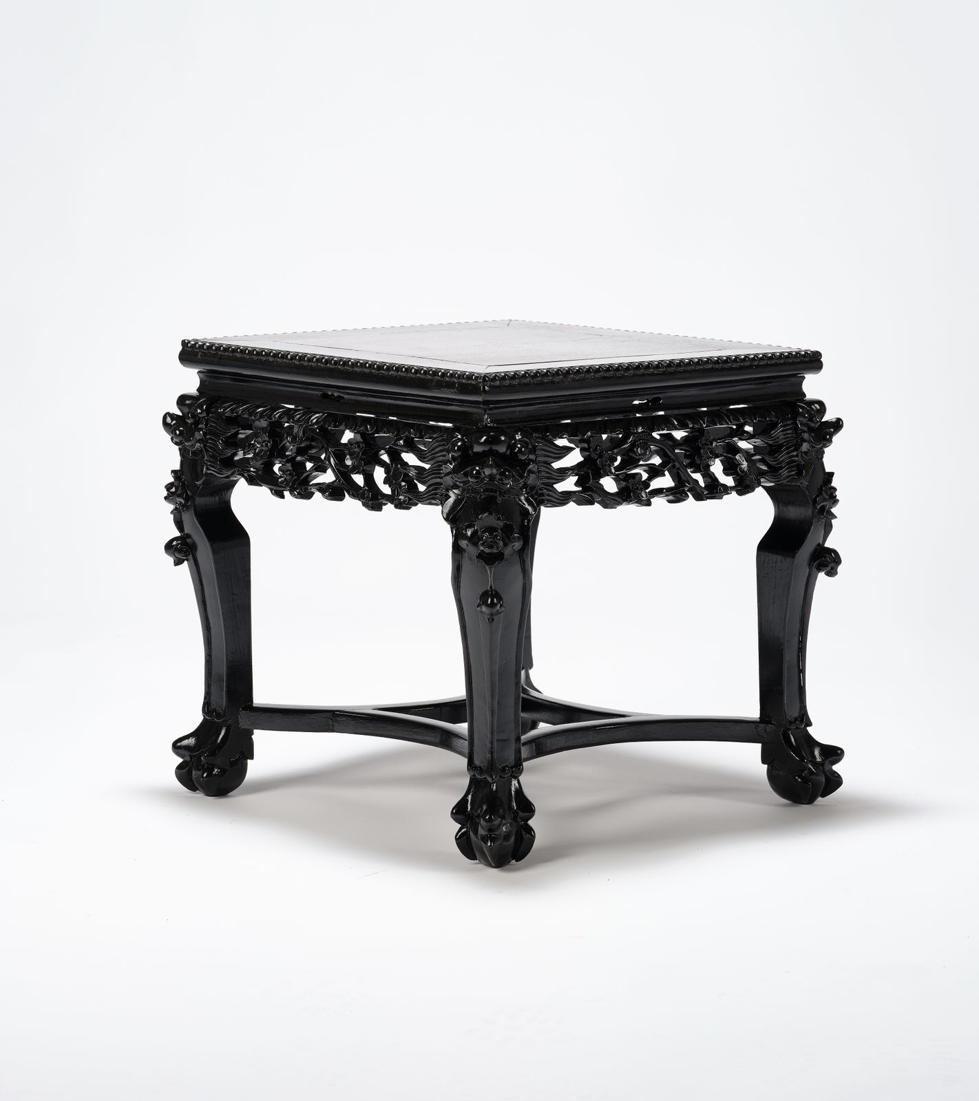 Gorgeous 'Ebonised' Intricately Carved Asian Lions Head Table With Seat Pad. Circa 1970. photo 695.0