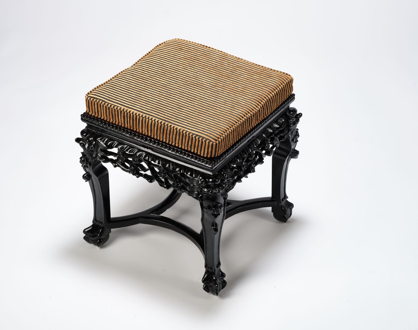Gorgeous 'Ebonised' Intricately Carved Asian Lions Head Table With Seat Pad. Circa 1970.