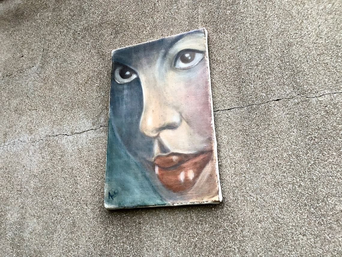 Vintage Original Portrait Painting On Linen Canvas photo vinterior