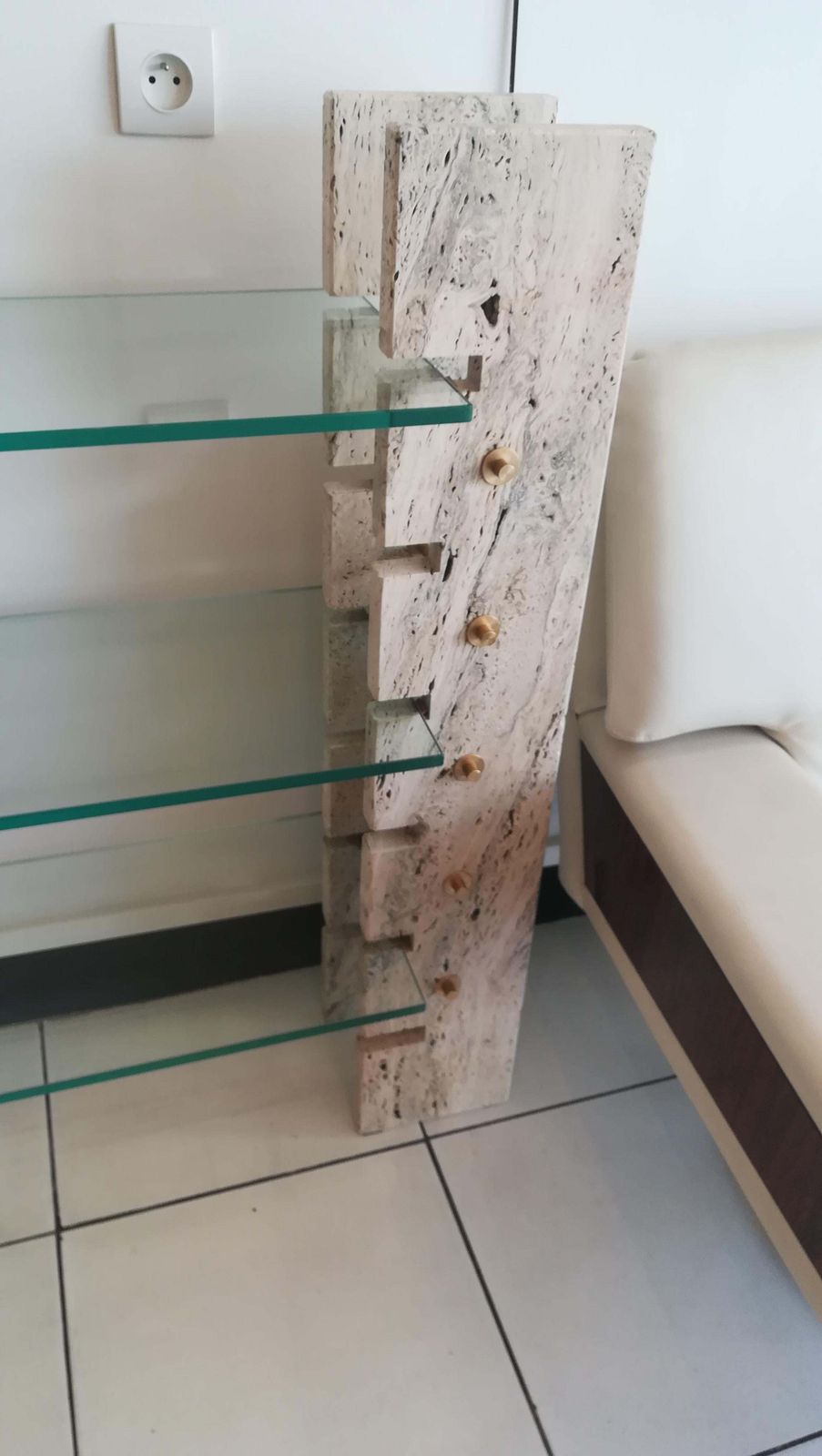 Console Or Book Holder In Travertine And Glass, Circa 1970 photo for sale