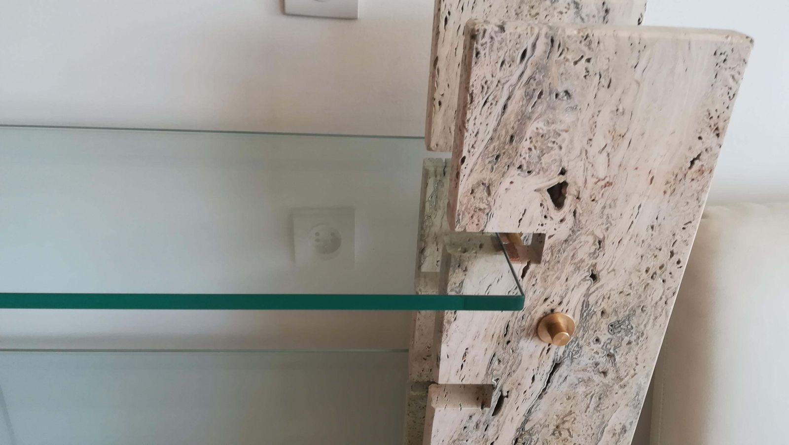 Console Or Book Holder In Travertine And Glass, Circa 1970 photo vinterior