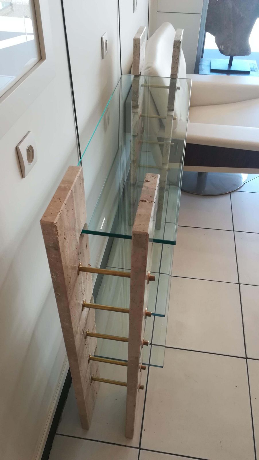 Console Or Book Holder In Travertine And Glass, Circa 1970 photo buy