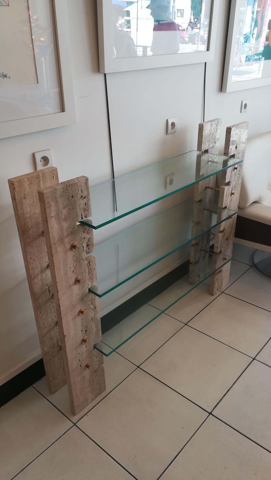 photo furniture Console Or Book Holder In Travertine And Glass, Circa 1970