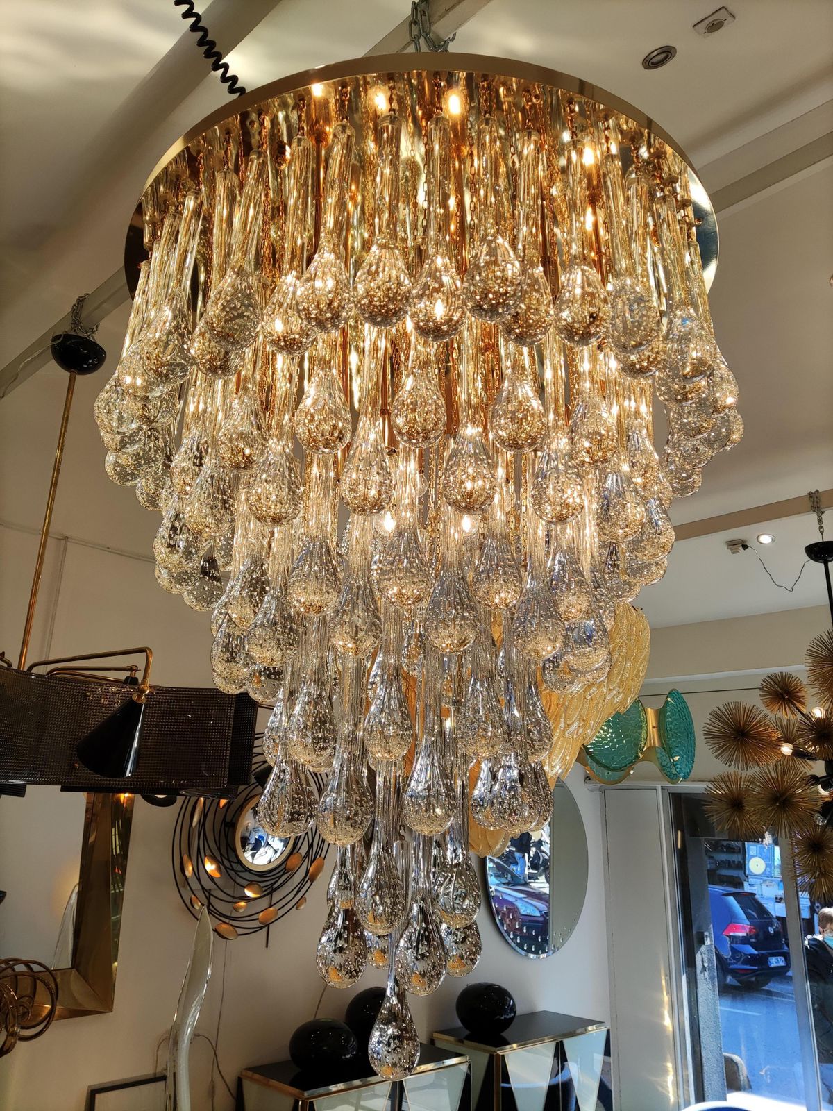 Murano Glass Chandelier Golden Brass And Crystal Drops photo vinterior