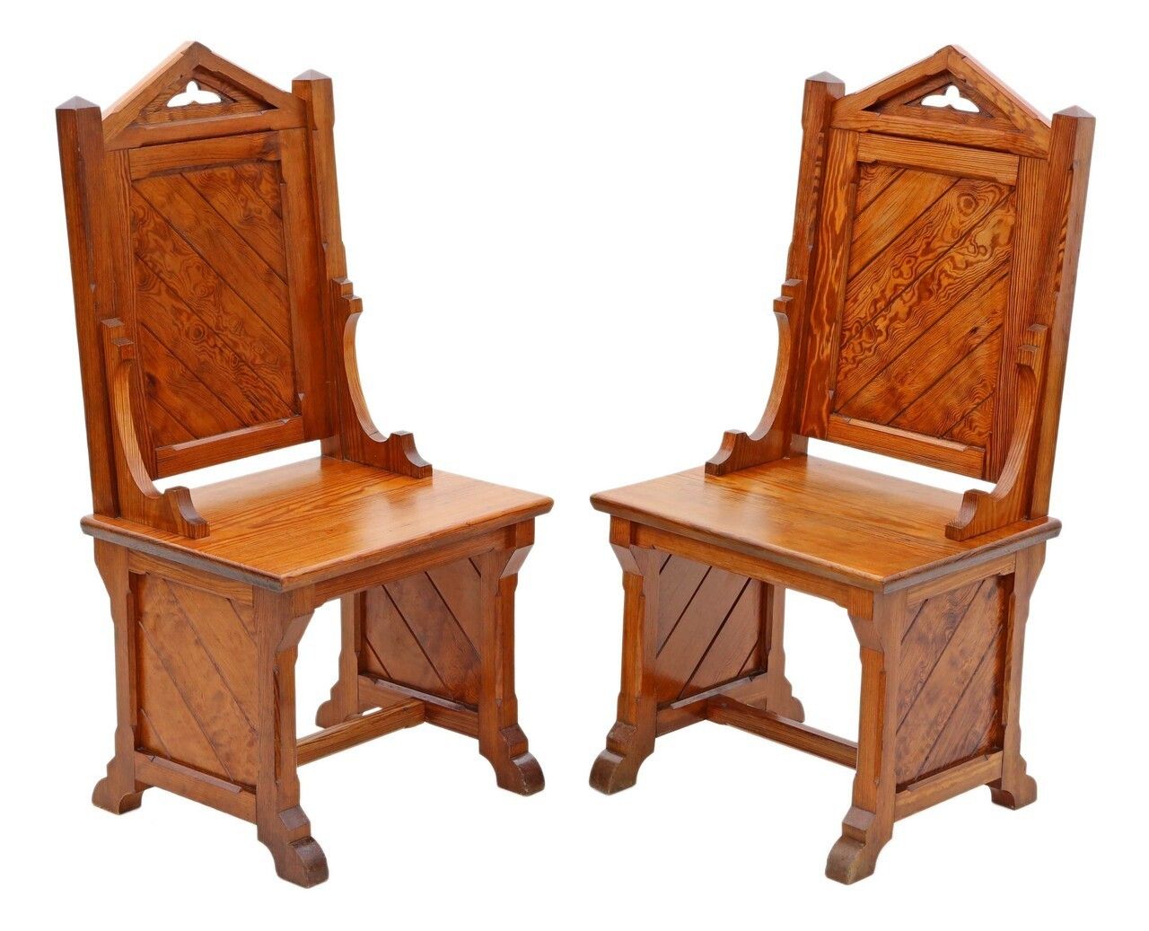 Pair Of Gothic Pitch Pine Throne Side Hall Bedroom Chairs C1900