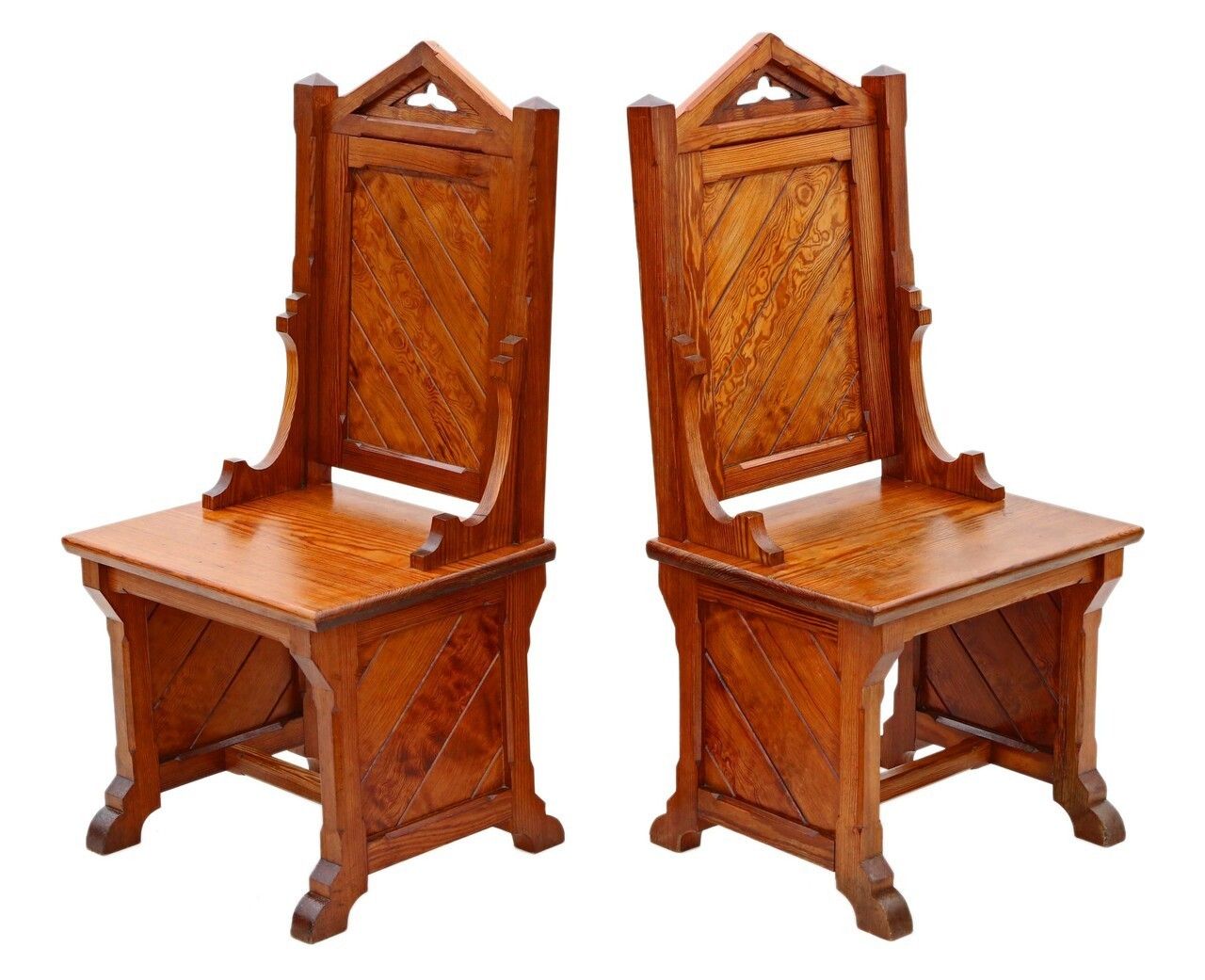 Pair Of Gothic Pitch Pine Throne Side Hall Bedroom Chairs C1900 photo furniture