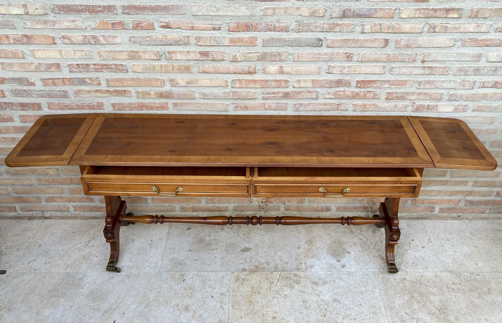 Mid 20th Century Winged Console Table In Walnut With Claw Feet In Bronze, Two Drawers And Wheels photo 3840.0