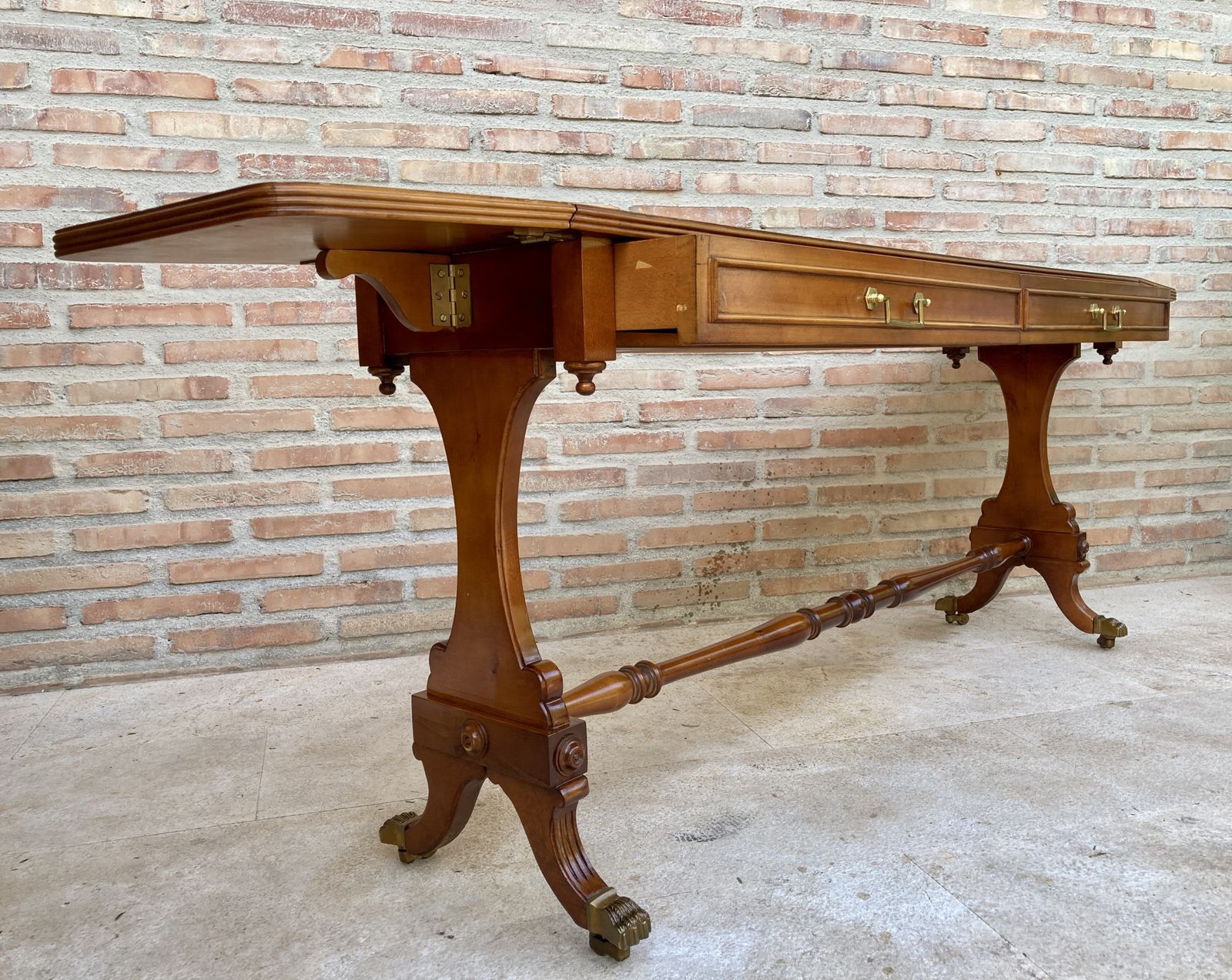 Mid 20th Century Winged Console Table In Walnut With Claw Feet In Bronze, Two Drawers And Wheels photo buy