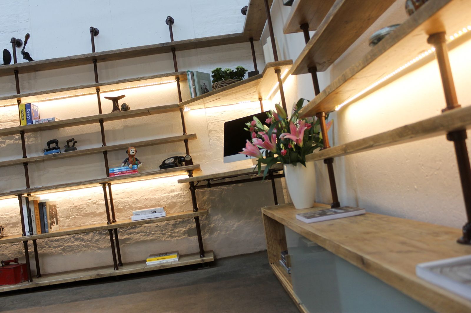 Mc Leod Reclaimed Scaffolding, Steel Pipe Industrial Corner Desk & Led Lit Shelves With Sliding Doors