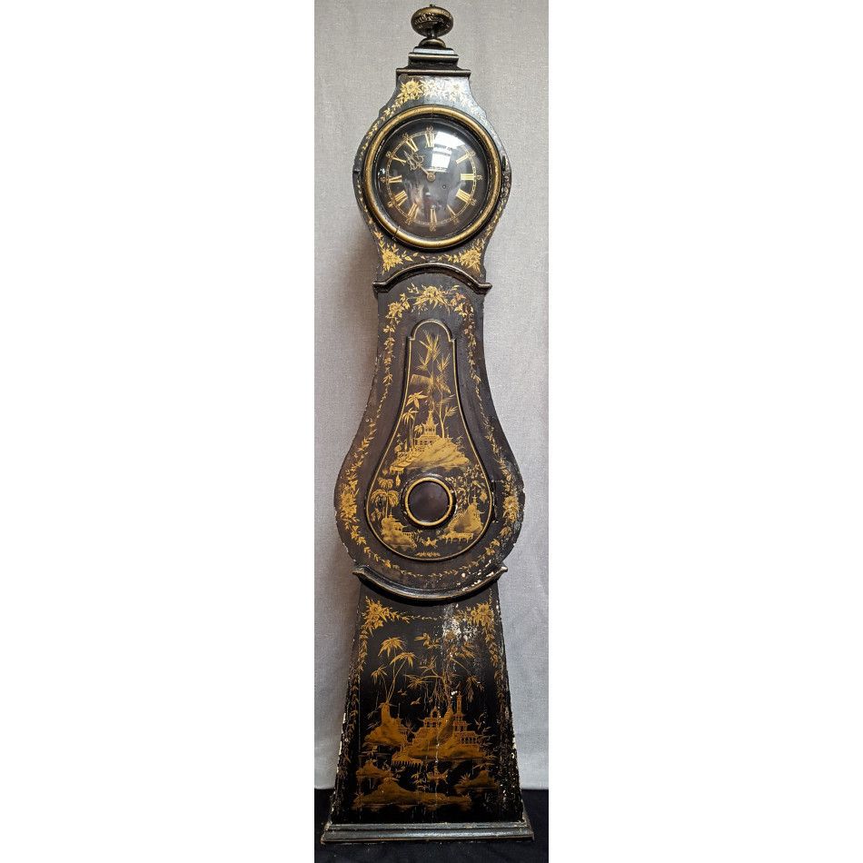 Chinoiserie Swedish Mora Clock Handpainted Black Gold Detailing Urn Crown