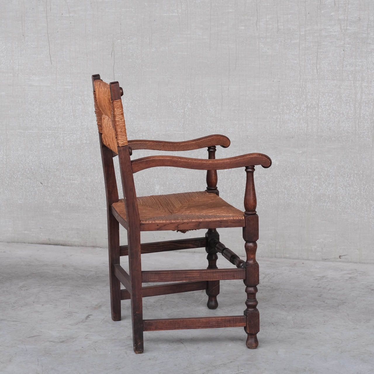Pair Of Mid Century Oak And Rush French Armchairs photo for sale