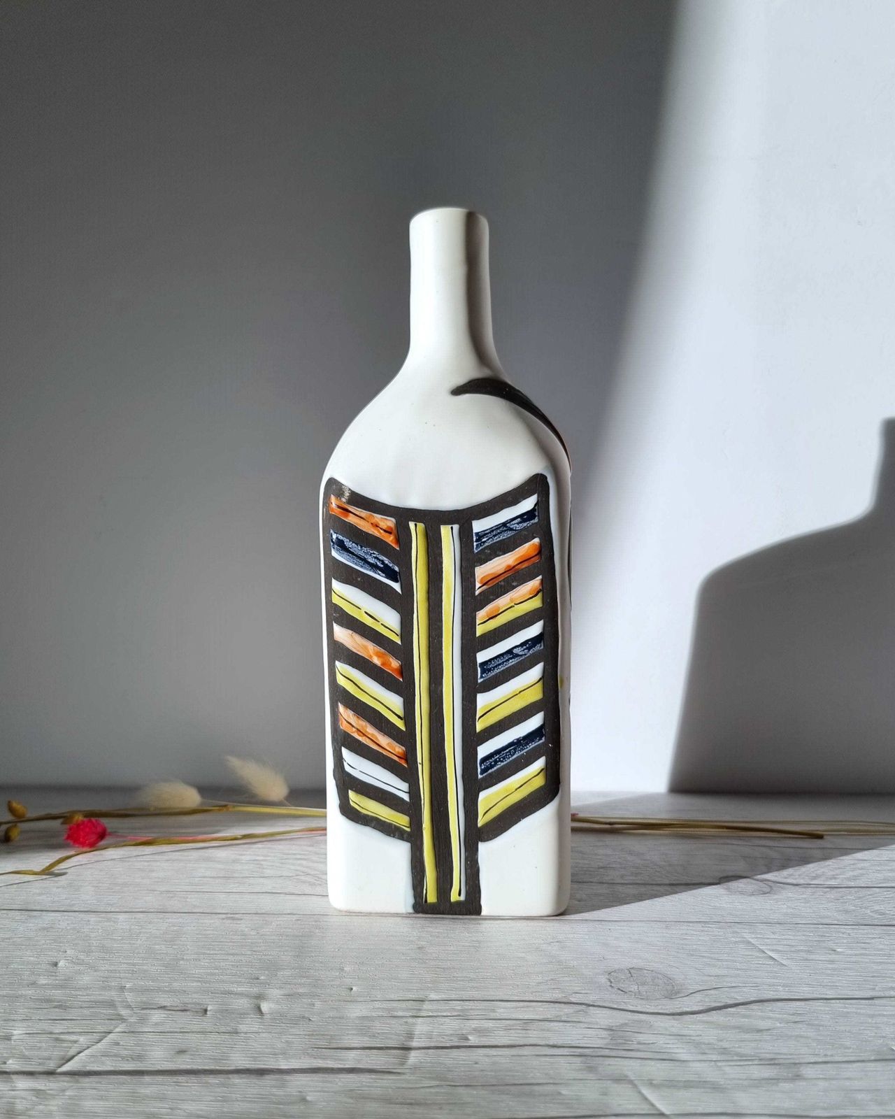 photo for sale Roger Capron For Vallauris, Dipped White And Multicolour Glaze, Signed Sculptural Bottle Vase, 1950s
