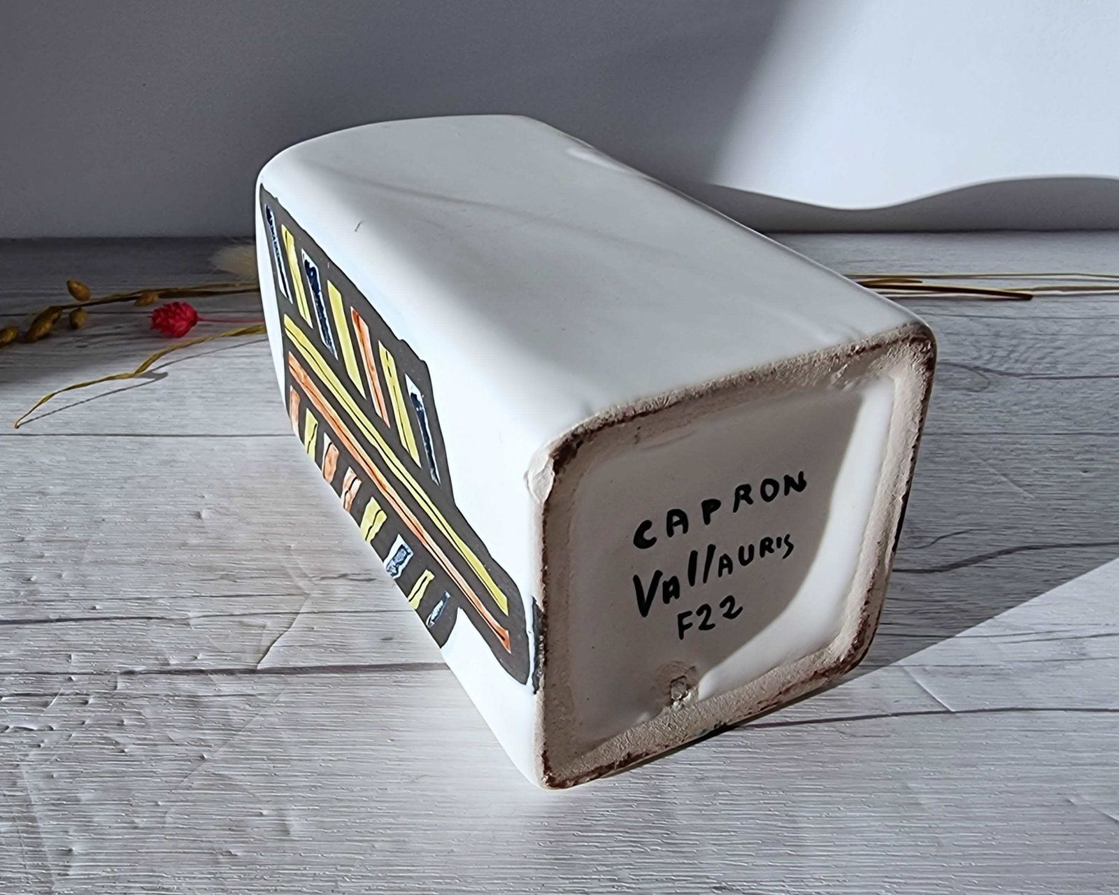 photo buy Roger Capron For Vallauris, Dipped White And Multicolour Glaze, Signed Sculptural Bottle Vase, 1950s