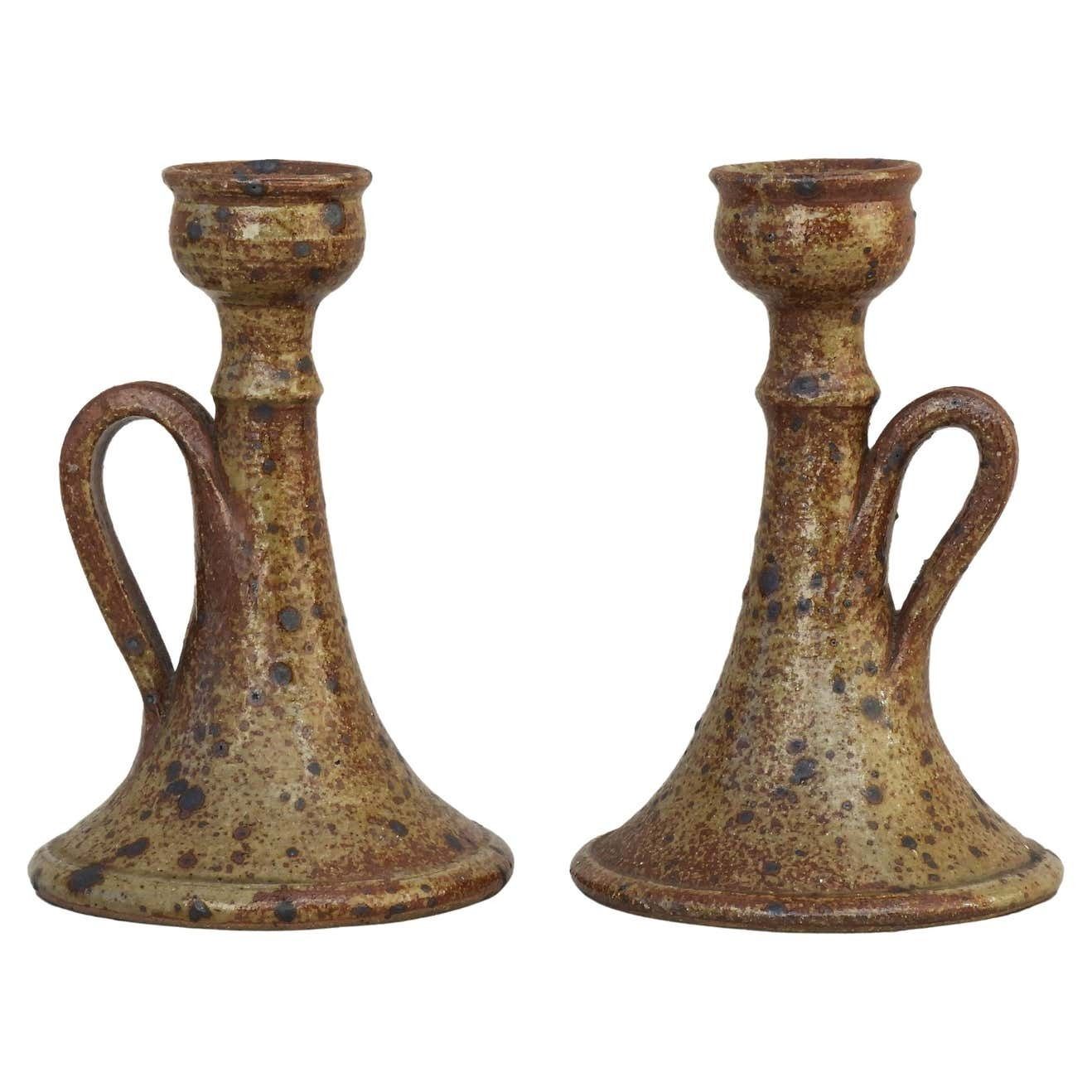 Pair Of Organic Ironstone Candle Holders 1960s French Studio Pottery