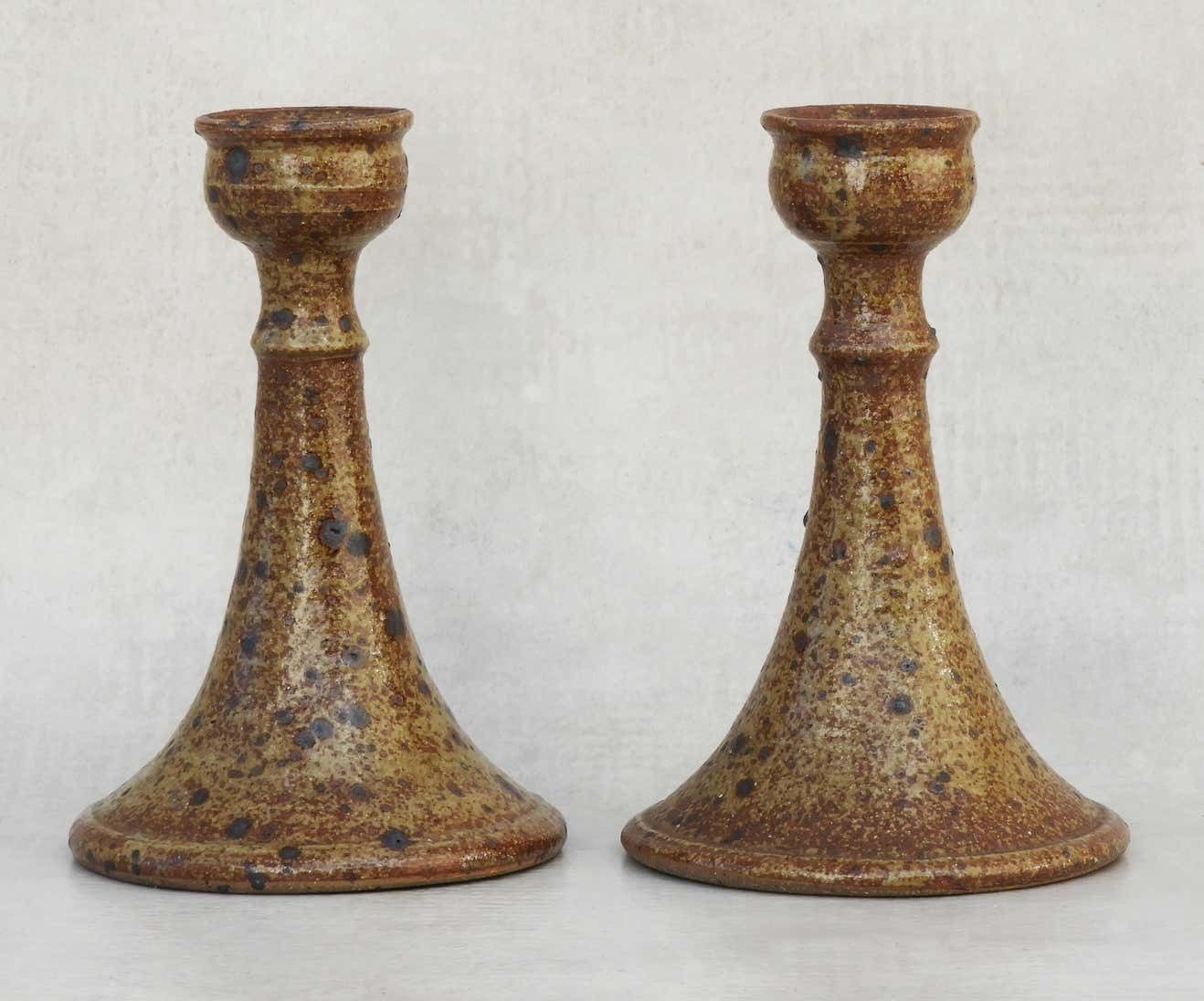 Pair Of Organic Ironstone Candle Holders 1960s French Studio Pottery photo 311.24