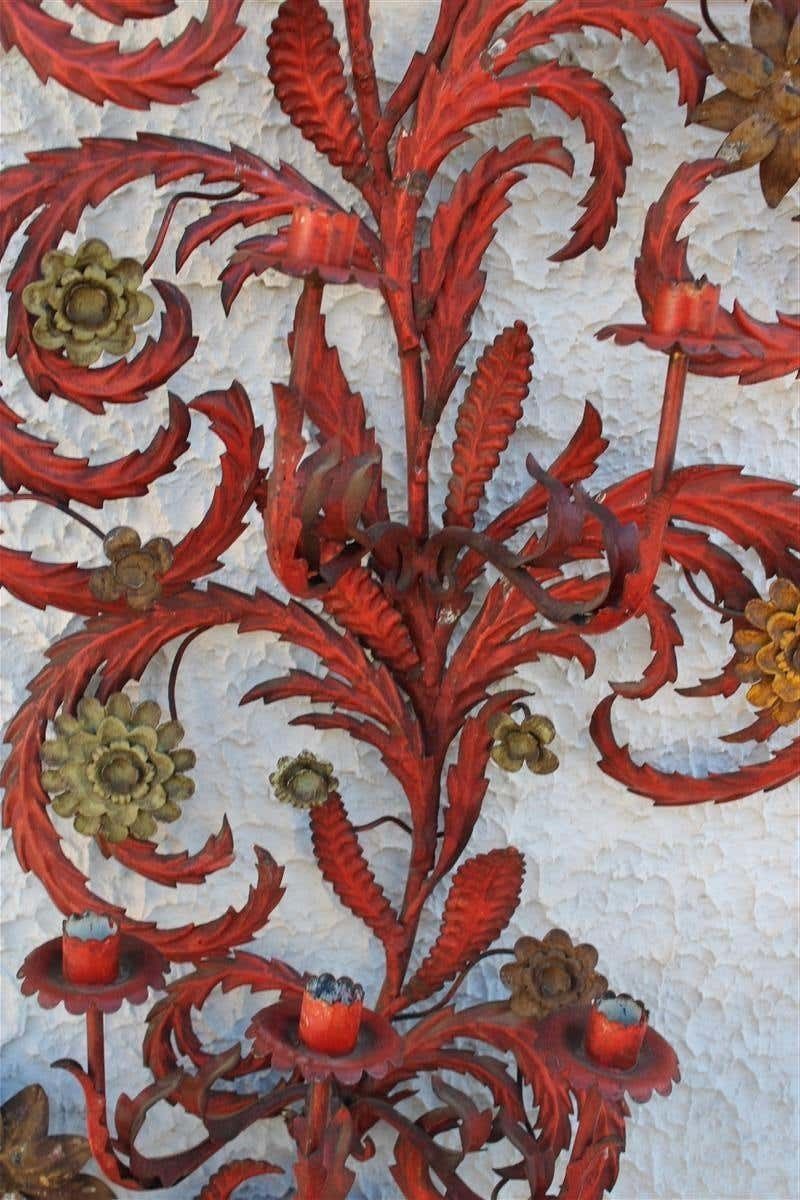 Large Decorative Floral Applique Of 1930 Italian In Red Lacquer With Flowers And photo 2553.0