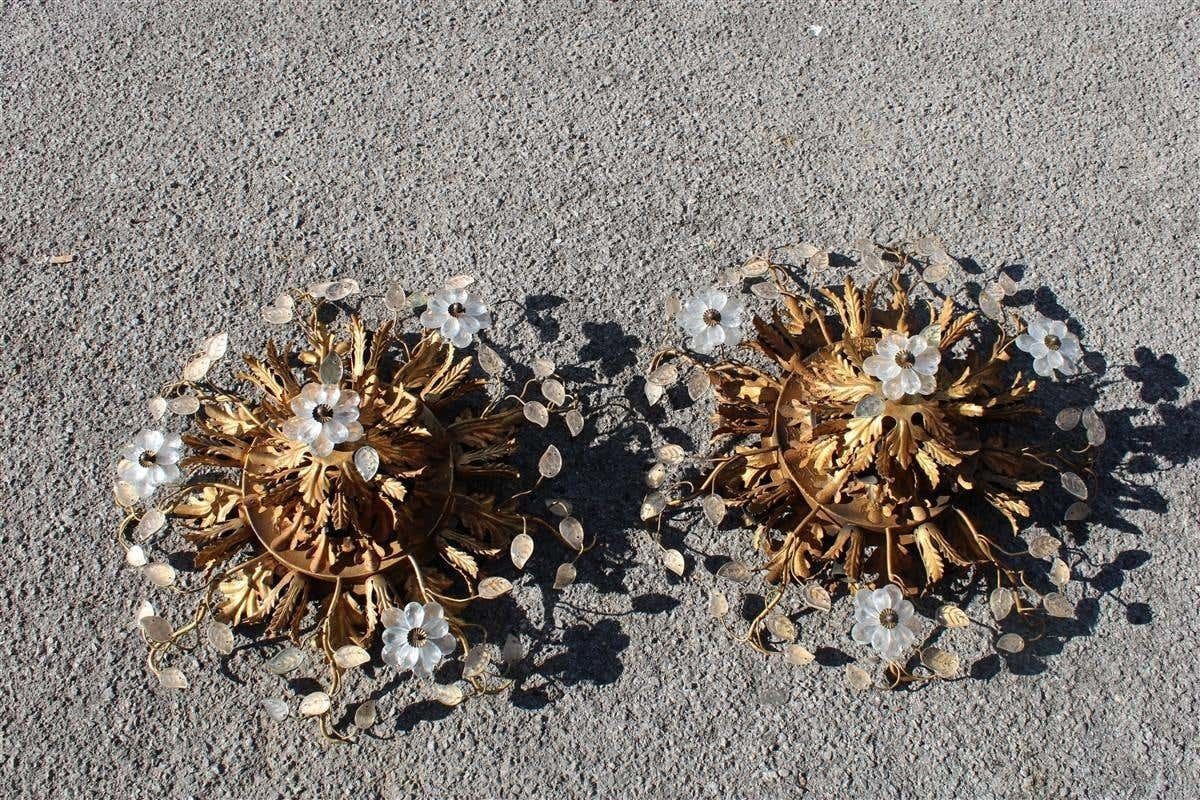 Pair Of Round Ceiling Lights In Golden Metal And French Midcentury 1950s Crystal photo furniture