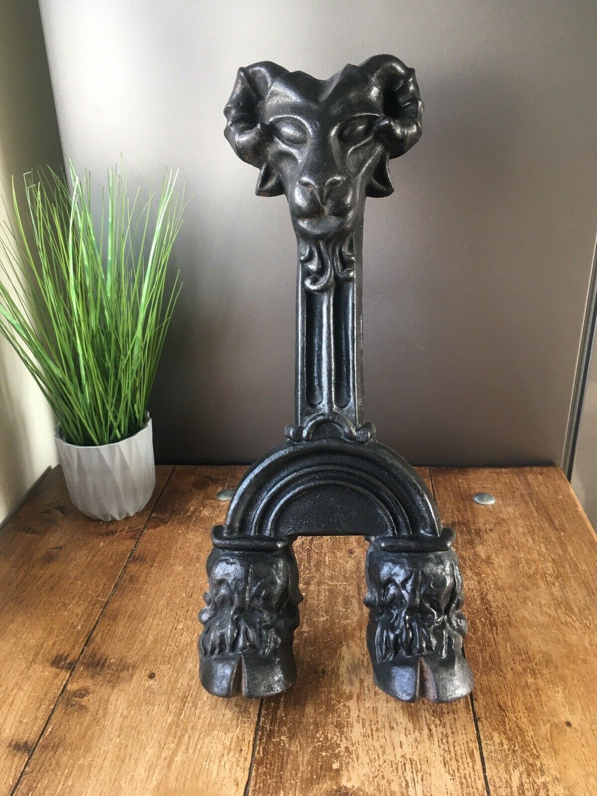 Exceptional Antique Rams Head & Hoof Cast Iron Fireside Fire Dogs Andirons 50kg photo for sale