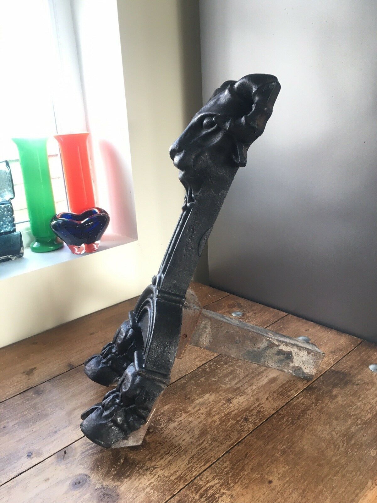 Home Fixtures Exceptional Antique Rams Head & Hoof Cast Iron Fireside Fire Dogs Andirons 50kg photo