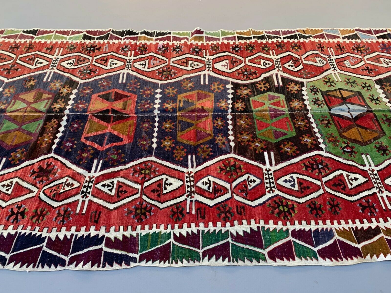 Vintage Turkish Kilim 348x154 Cm Wool Kelim Rug Large Red, Black, Green photo Textiles