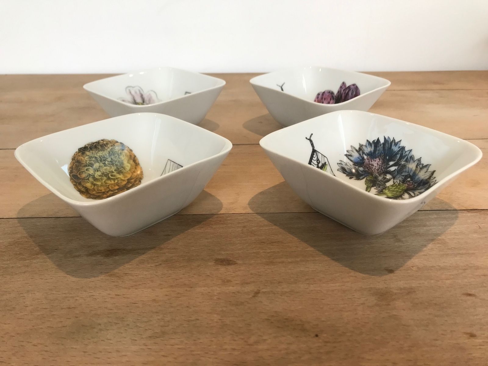 Super Rare Set Of Four Mid Century Modern Piero Fornasetti Botanica Pratica Porcelain Square Hors D'oeuvres Bowls Or Dishes photo furniture