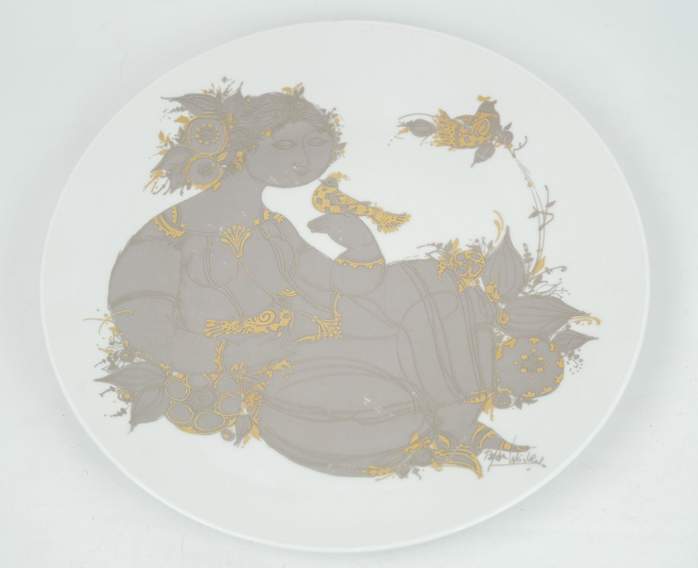 Plate With Motif Of Lady In Gold And Gray Colors In Porcelain Designed Bjørn Winnblad And Produced By Rosenthal.