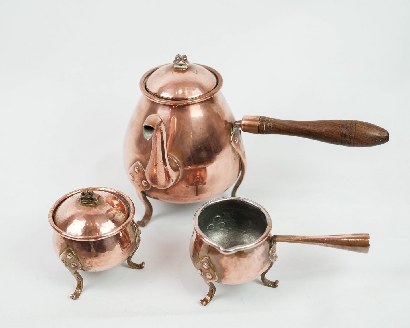 Set Of 3 Copper Parts Coffee Pot Sugar Bowl And Cream Jug From Around 1960s Respectively