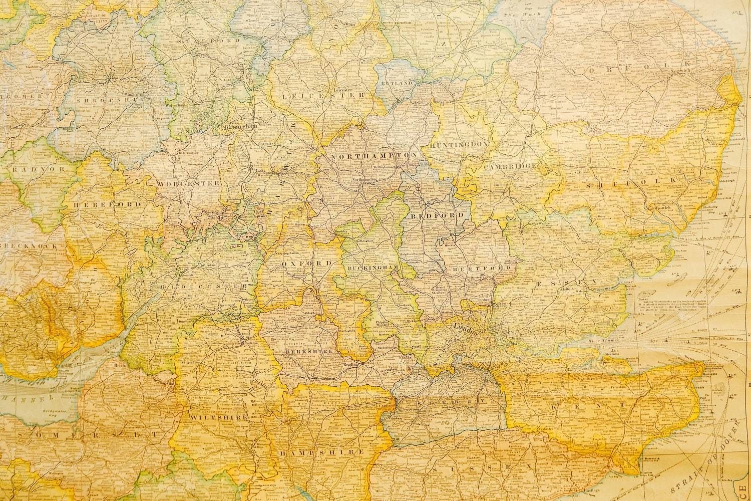 Original Vintage Antique Geographical Educational School Wall Chart Scarborough's Map Of England And Wales photo vinterior