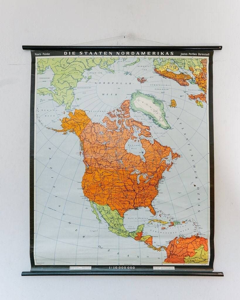 Original Mid Century Large Vintage German Educational School Wall Chart North America USA Canada Alaska Map Haack
