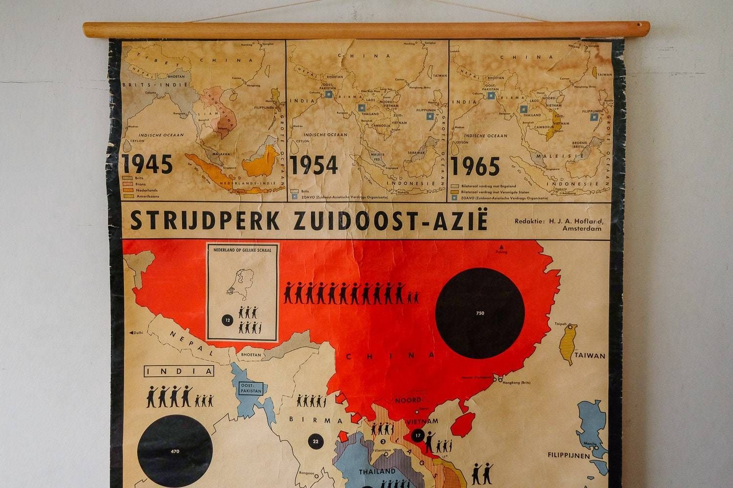 Vintage Mid Century Historical Wall Chart Dutch Asian Battlefields Rare photo for sale
