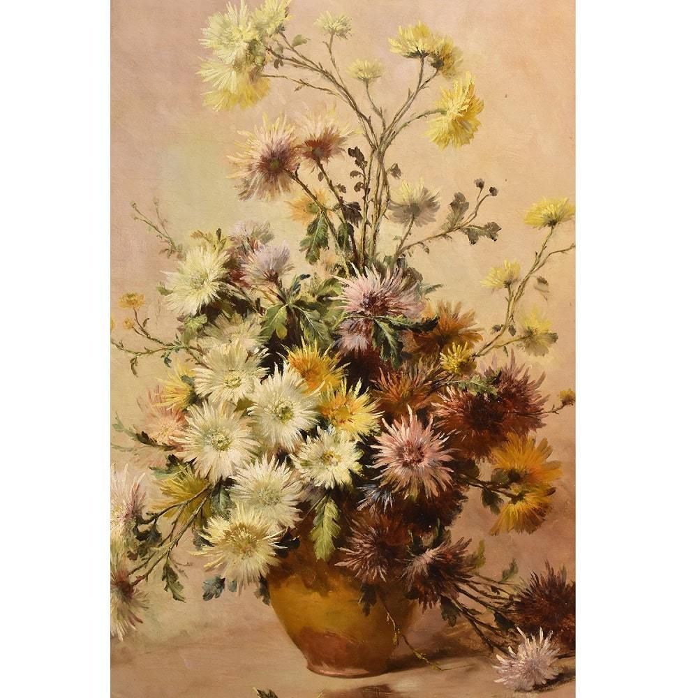 Antique Flower Painting, Dahlias, Still Life, Oil On Canvas, 19th Century. (Qf382) photo for sale
