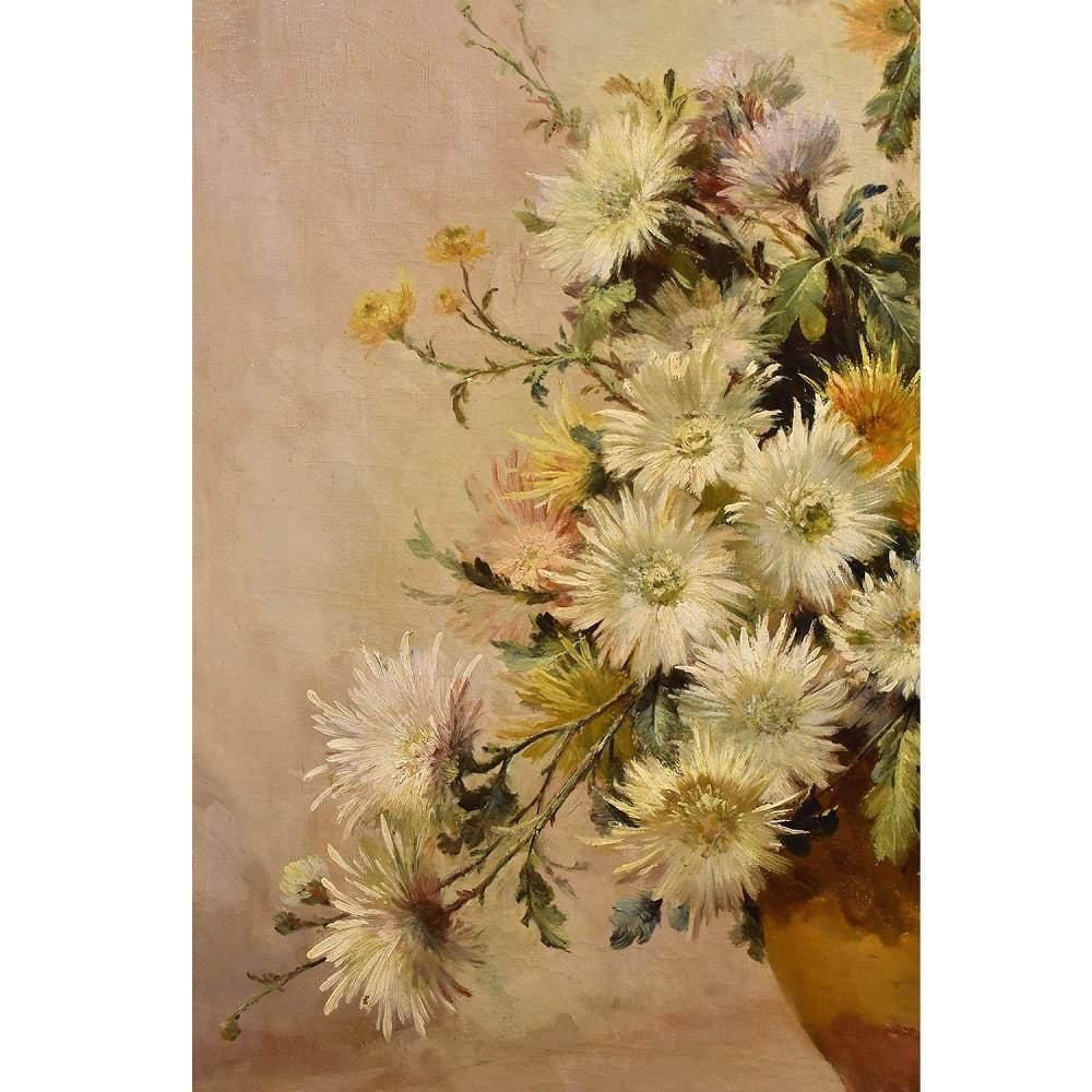 photo furniture Antique Flower Painting, Dahlias, Still Life, Oil On Canvas, 19th Century. (Qf382)